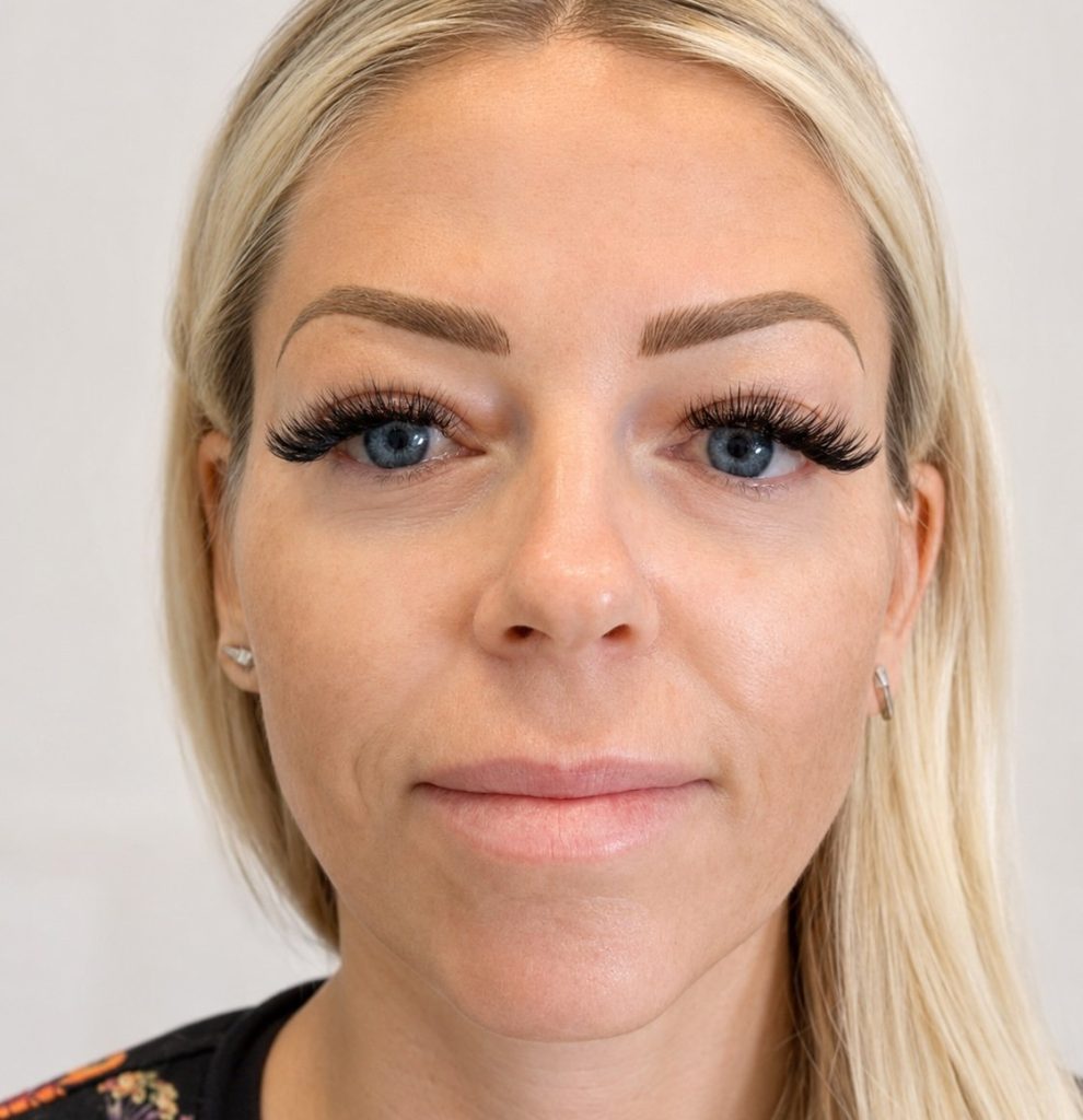 Before-and-after natural microblading results on a blonde client with fuller, softly defined eyebrows in Draper, Utah.