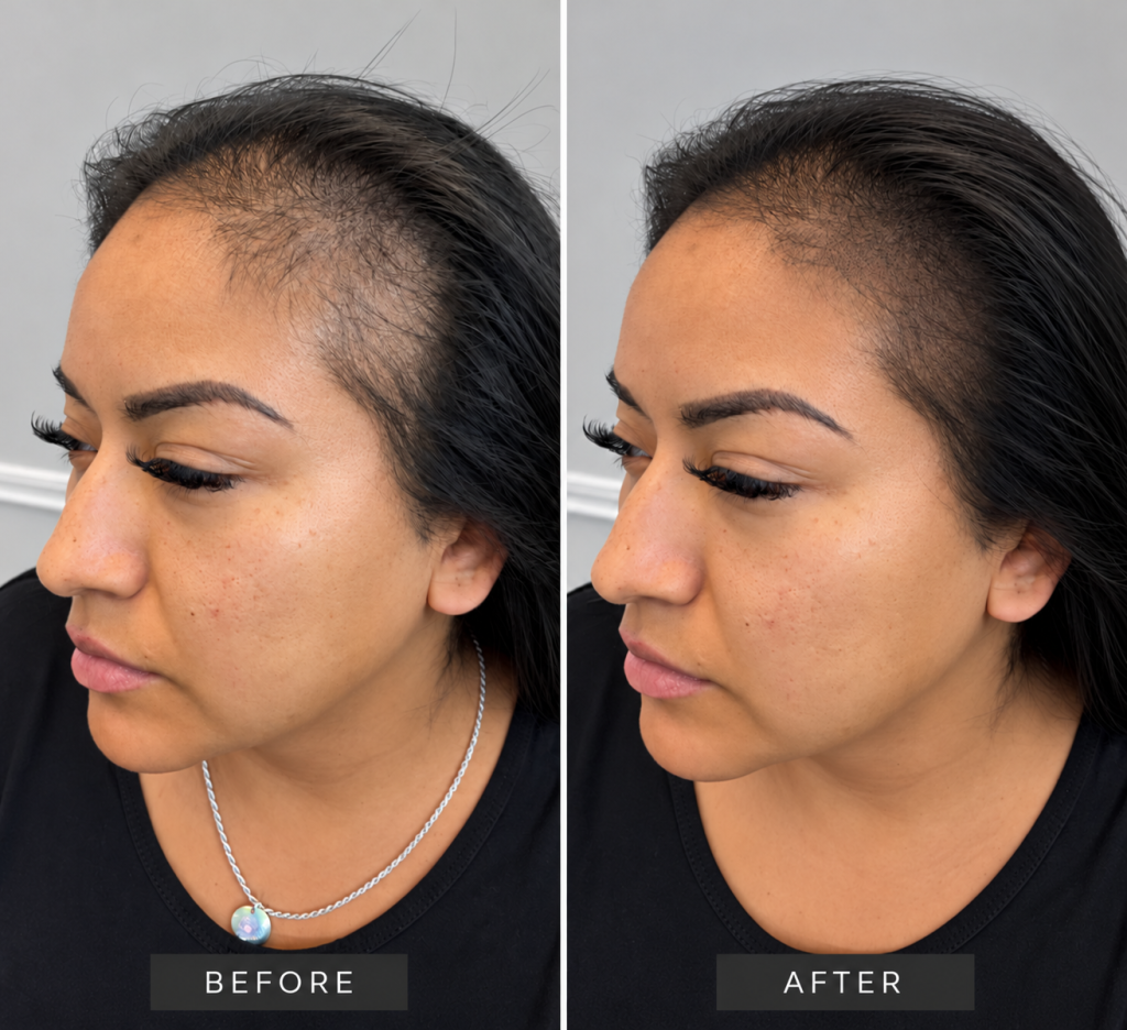 Scalp micro pigmentation woman dark hair before after